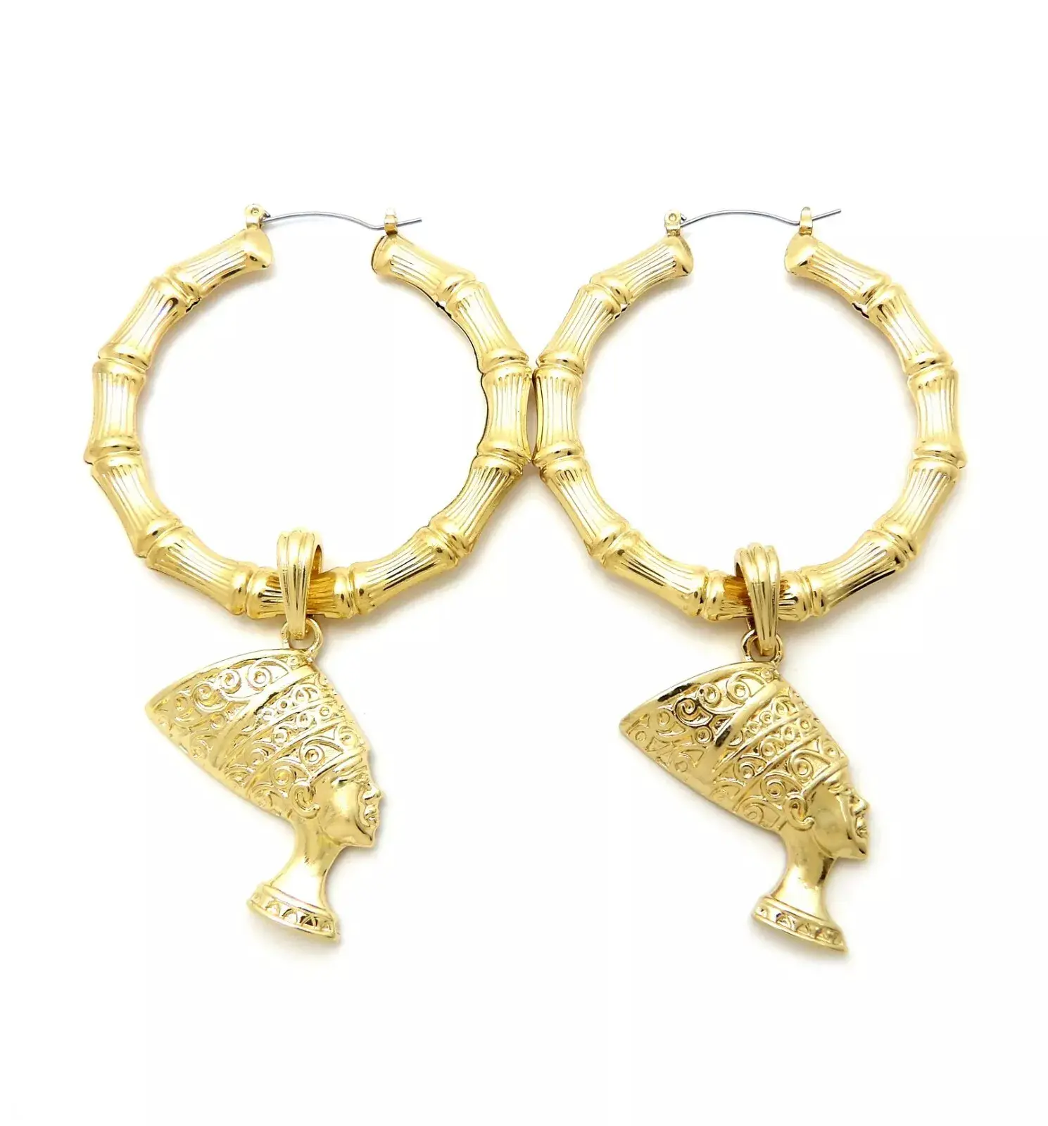 MaxBling81 Women's 2.15" Bamboo-Style Hoop Earrings, High-Polished Gold Plated Metal with Dangling Nefertiti Charm, Fashion Jewelry Set, Earrings Set, Dainty Fashion Jewelry, Gold Earrings Set