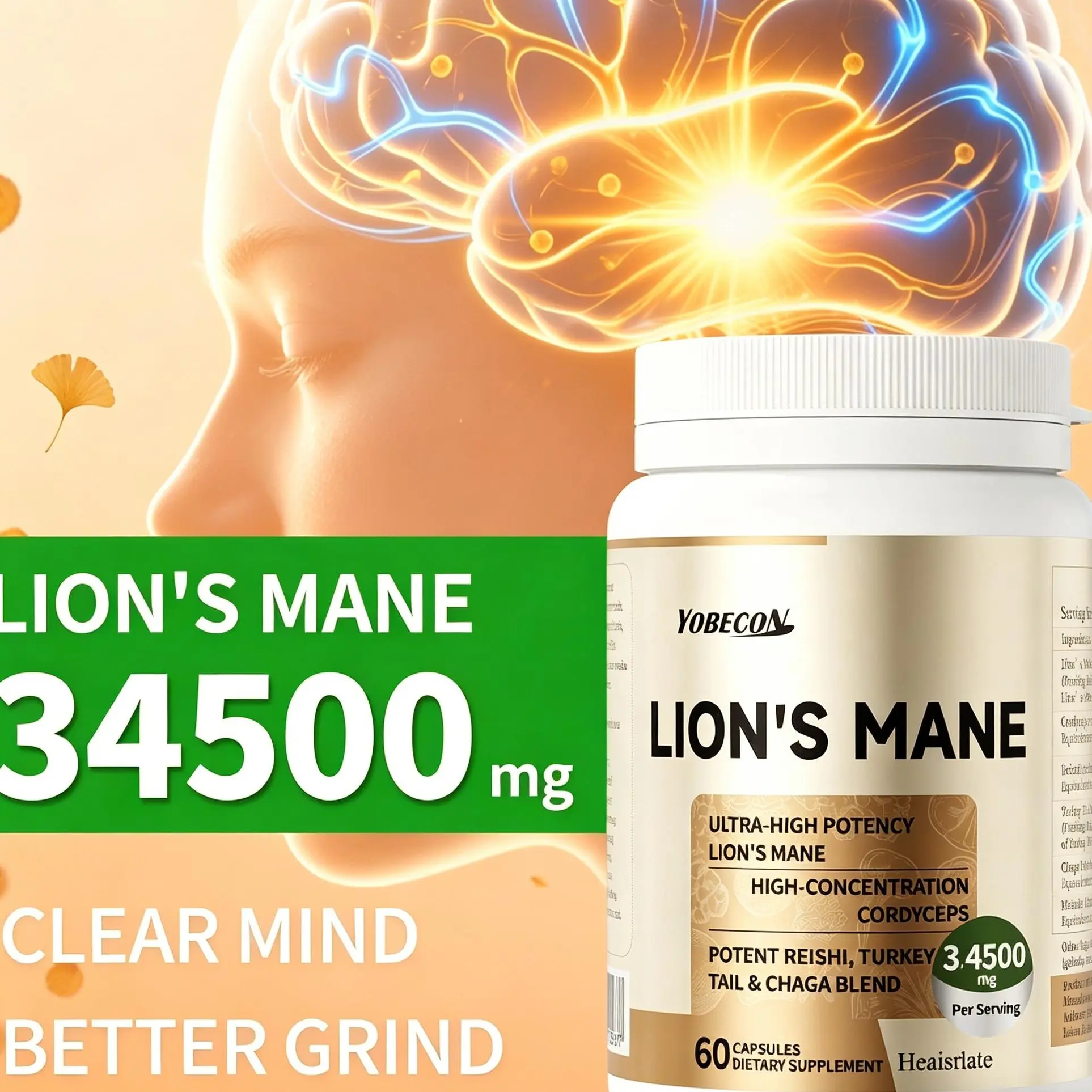 Ultra High Potency 34500mg Lion's Mane Functional Mushrooms Blend Dietary Supp. Capsules - Nootropic for Focus Boost, Brain Health, 60 Count, with Cordyceps, Reishi, Turkey Tail, Chaga, Gut Health Support, Relaxation Aid, 3 Years, Prop 65 Safe