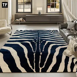 Beige & Blue Zebra Stripe Rectangular HD Printed Modern Geometric Pattern Rug in Beige and Blue: Double Lock Edge, Machine Washable, Non-Slip. Ideal for Living/ Bedroom/ Kitchen, Great for Christmas & Birthday Gifts