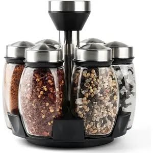 Mlici 6PC Spinning Glass Spice Jars - 360° Rotating Spice Rack Organizer with Jars, Stainless Steel Revolving Seasoning Holder Jars for Countertop Cabinet Kitchen Spices Cruets
