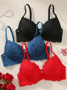 3pcs exquisite floral lace push-up bras, Lingerie, adorned with rhinestone bows, lightweight and skin-friendly, providing lifting support to prevent sagging, in a contrasting color combination, suitable for everyday wear in all seasons.