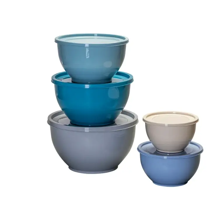 Nonslip Nesting Plastic Assorted Mixing Bowl Set with Lids 10 Pieces in Blue Gray Beige Colors for Mixing and Serving
