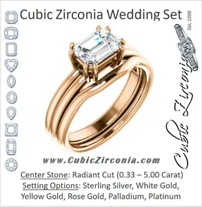 CZ Wedding Set, featuring The Marnie engagement ring (Customizable Radiant Cut Solitaire with Grooved Band)