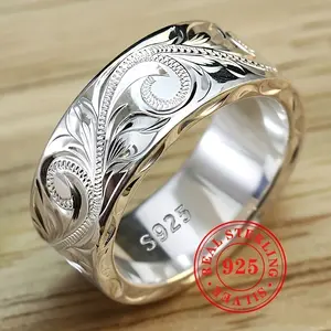 9g S925 Pure Silvery Carved Leaf and Flower Ring Bohemian Style Wide Ring Vintage Jewelry