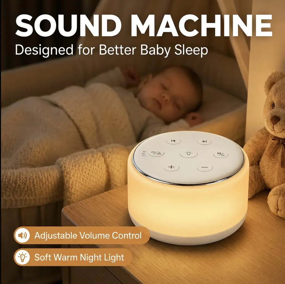 Rechargeable Baby White Noise Sleep Aid Machine - 7-Color Night Light, 34 Soothing Lullaby Sounds, Small Size, Travel Friendly Portable Sleep Soother for Kids