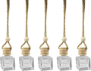 5 count Hanging  Air Freshener Essential Oil Diffuser Charm- 8ml Empty Glass Bottle Perfume Pendant Automobile  Diffuser- Auto Interior Decoration for Rearview Mirror Ornament (Square)