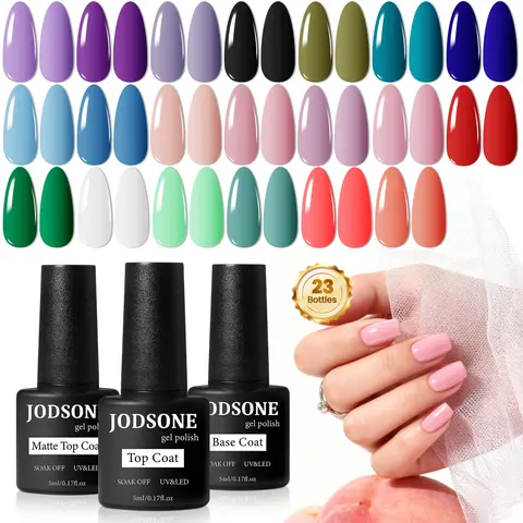 JODSONE 23 PCS Gel Nail Polish Set with Base Glossy and Matte Top Coat Multicolored Gel Nail Long Lasting Suitable for All Seasons