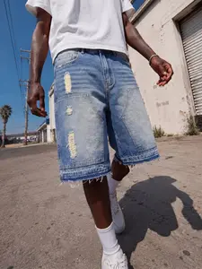 Men's Black Washed Denim Shorts, S Fits W32, Tag Size S-W32 to XXL-W40, Non-Stretch Loose Streetwear Hip-Hop Shorts"