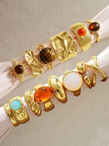 Women's Vintage Fashion Ring Set, Irregular Gemstone Sun Fringe Geometric Foldover Stackable Rings, Elegant Party Festival Jewelry Gift, Stacking Ring Set