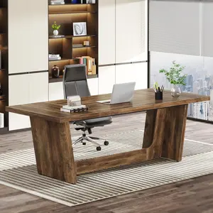 LITTLE TREE 70.87-Inch Executive Computer Desk: Large Home Office Desk with Solid Wooden Pedestal, Industrial Wood Study Writing Table, Workstation Business Furniture