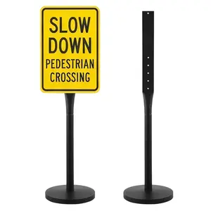 VEVOR Portable Steel Round Sign Post Set, 2-Pack, 4 ft Tall Metal Sign Stands with Heavy-Duty Cast Iron Base, Multi-Hole Design for Easy Installation, Wind-Resistant, for Indoor-Outdoor Parking, Warning Use, Based