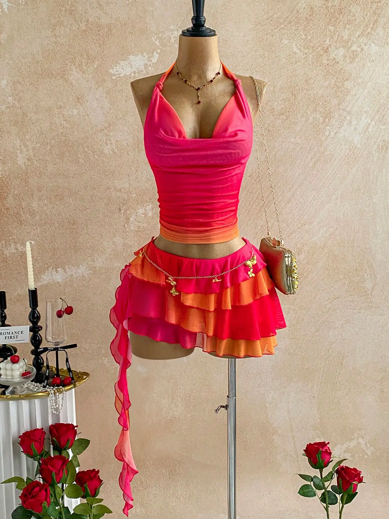 Women's Sexy Vacation Style Gradient Halter Top & Ruffled Hem Skirt Two-Piece Set, Summer Casual Wear, Casual Chic Set