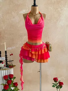 Women's Sexy Fitted Vacation Style Gradient Halter Neck Top & Ruffled Hem Skirt Two-Piece Set, Trendy Summer Wear, Casual Fashion Outfit
