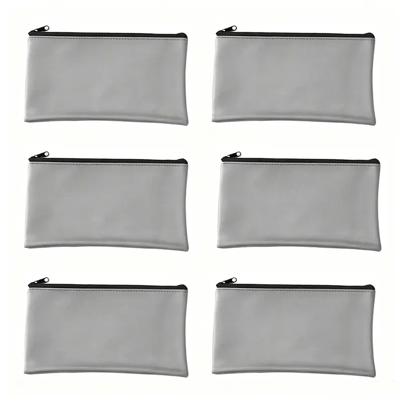 6-Pack 11x6in Gray PU Leather Bank Pouch, Safe Durable Waterproof Zippered Bag for Car Interior Cash Storage, Traveling Coin & Check Organization