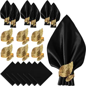 6-Piece Satin Napkins Set & Gold Leaf Napkin Rings, Square 43.18x43.18 Cm, Personalized Wedding Bridal Shower Party Decorations