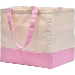Heavy Duty Canvas  Grocery Bags, 8.3 Gal Foldable Large Tote with Handles, Holds 60 lbs, Washable  Bags with 5 Pockets, Pink+