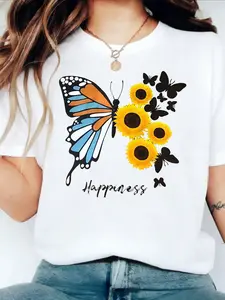 Tiktok Trending Butterfly Sunflower Print T-Shirt, Comfortable Fitted Casual Home Wear for Relaxed Days, Bright Floral Aesthetic for Daily