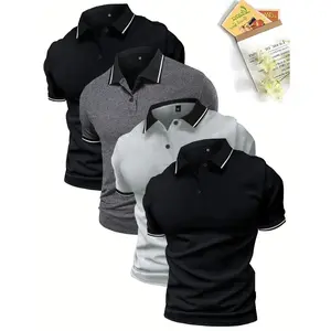 Men’s 4-piece premium polo shirt set - buttoned collar, slightly stretchy fabric; suitable for summer office dress shirts (short sleeves); men’s tropical stretch polyester single-layer fashion basic item.The perfect summer gift for your husband or boyfri