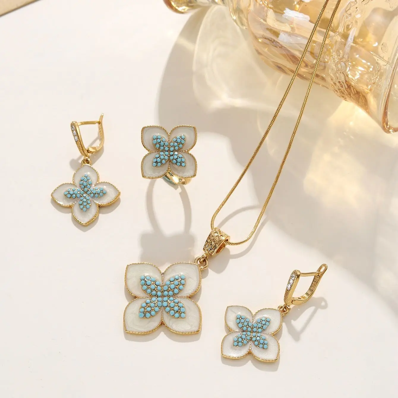 Classic Jewelry Set for Women, Hypoallergenic Gold Plated Turquoise Clover 3-Piece Accessories with Necklace, Huggie Earrings & Ring, Mothers Day Gift, Accessories Set, Multi-Piece Jewelry Sets