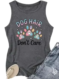 "Dog Hair Don't Care" Paw Print Tank Top, Dog Lover Sleeveless Tee, Pet Parent Casual Vest