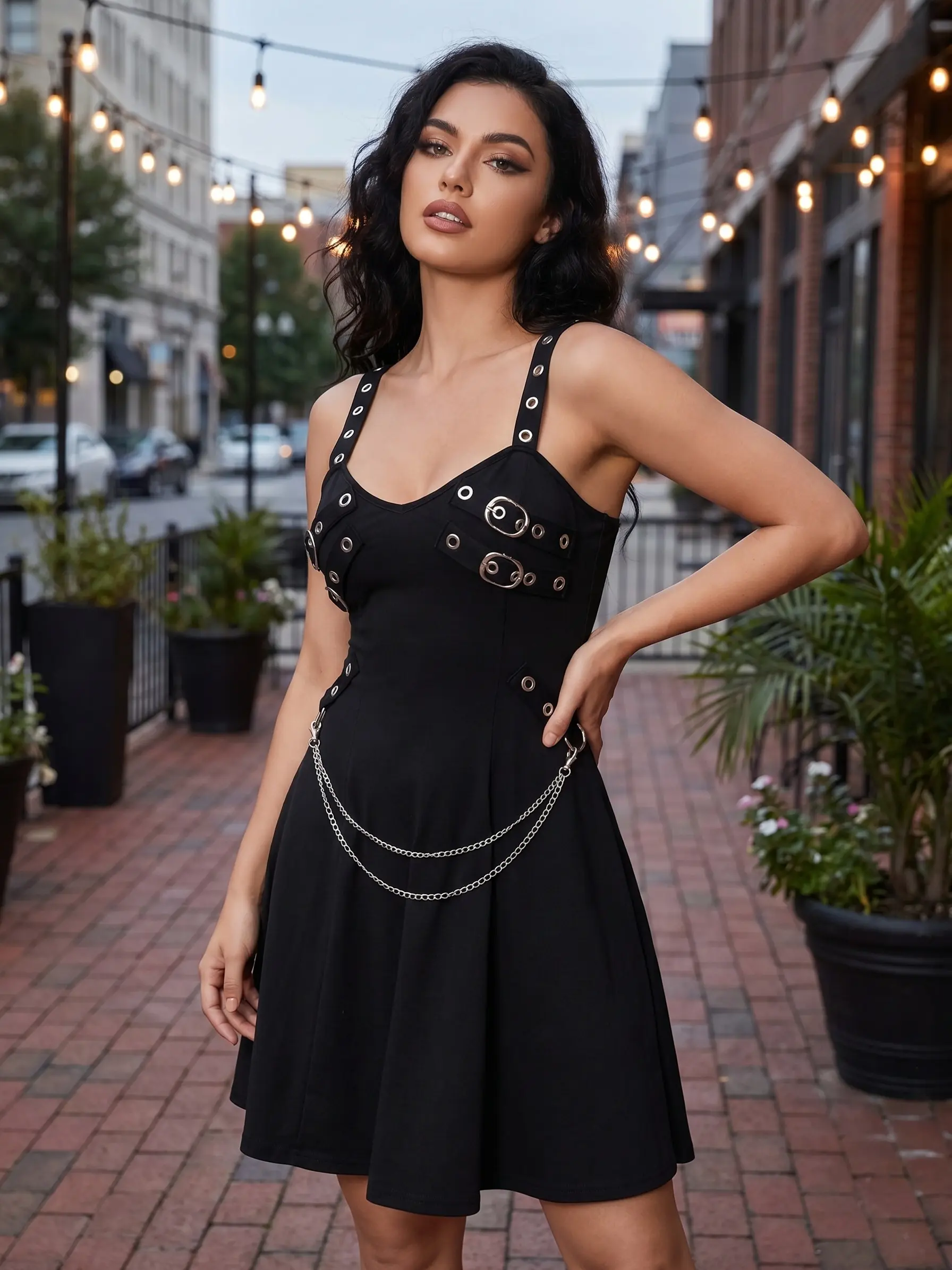 Plain Solid Color Grommet Buckle Chain Embellishment High Waisted Sleeveless A Line Gothic Punk Midi Dress