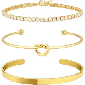 Gold Bangle Cuff Knot Bracelet for Women Stack Non Tarnish Gold Plated Cubic Zirconia Tennis Bracelets Jewelry Set for Women Trendy