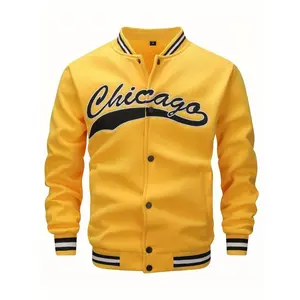 Chicago Men’s Casual Yellow Baseball Jacket with Varsity Design and Embroidered Logo at Front Buttons