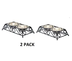 Stainless Steel Pet Food Bowl 2 PACK Double Diner in Black & Silver Elevated Feeder for Pets Durable Rust-Resistant Feeding