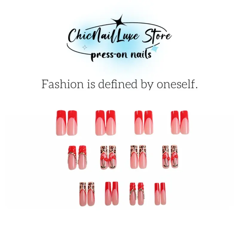 Hand Painted Pink Red Leopard French Tip Press on 3D Cherry Diamond Bling Animal Print Fake Glam Acrylic Nail Art for Party Y2K press on nail sets Long Coffin Press-on Nails Set
