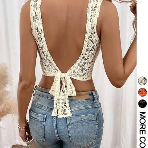 Women's Hollow Out Backless Sleeveless Top, Breathable Fitted Top for Dates, Essential Piece, Summer Wear, Casual Style Solid Tank Top, Casual Backless Design
