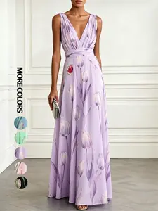 Summer New Women's Deep V Neck Sleeveless Waist Cinched Chiffon Zipper Dress, Asymmetrical Floral Print Elegant Long Dress, Boho Style Vacation Dress