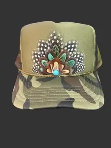 Camo Feather Trucker Hat | Brown Pheasant Polka Dot Feather Snapback | Turquoise Stone Western Hat