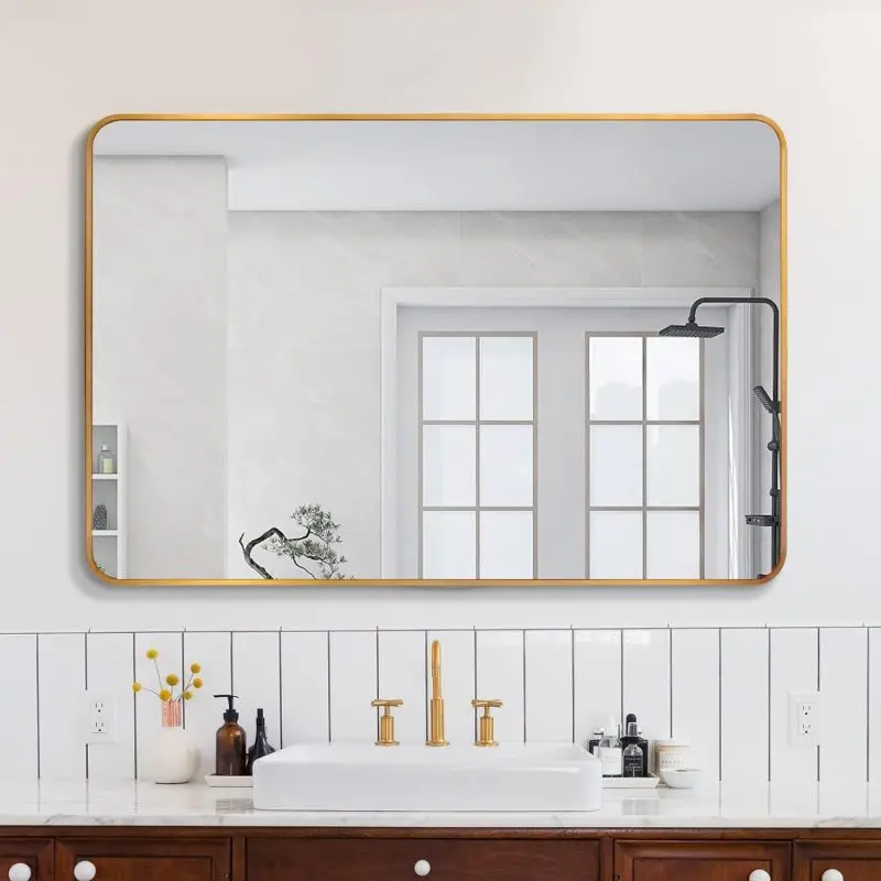 30x40 Inch Gold Metal Framed Rectangular Bathrrom Mirror for Wall