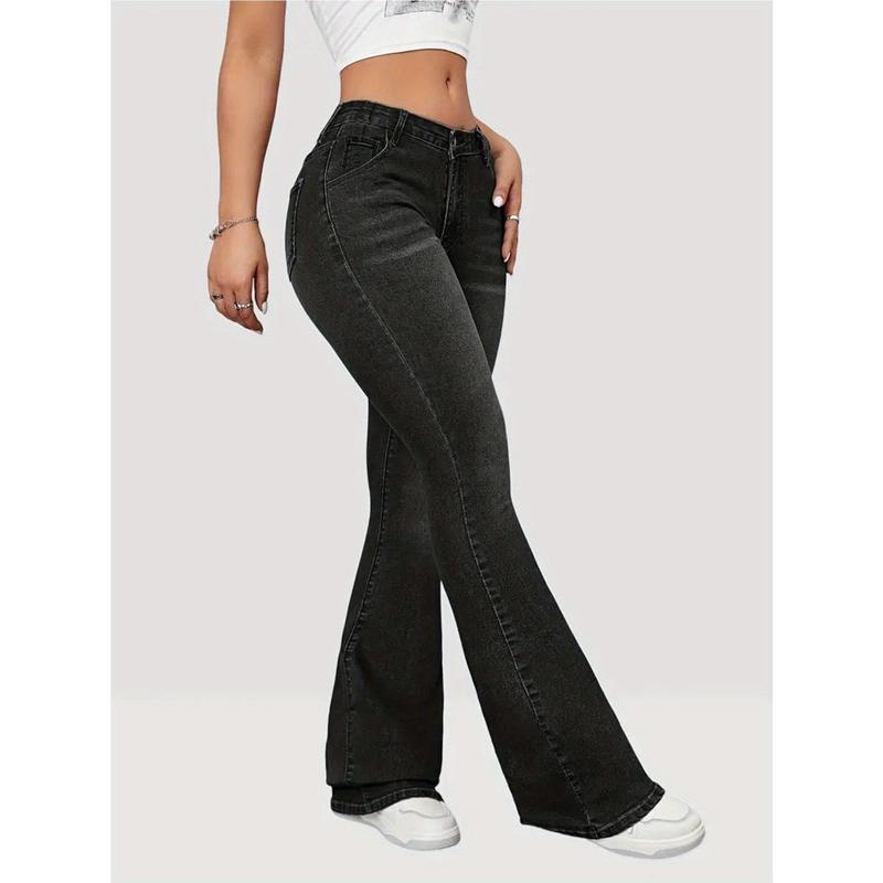 Women's Plus Size High-Waisted Stretch Flared Jeans - Vintage Black Tight-Fitting Bell-Bottoms with 9/10 Length, H-Line Silhouette & Built-In Zipper Closure, All-Season Elegant Casual to Semi-Formal Pants (Machine Washable)