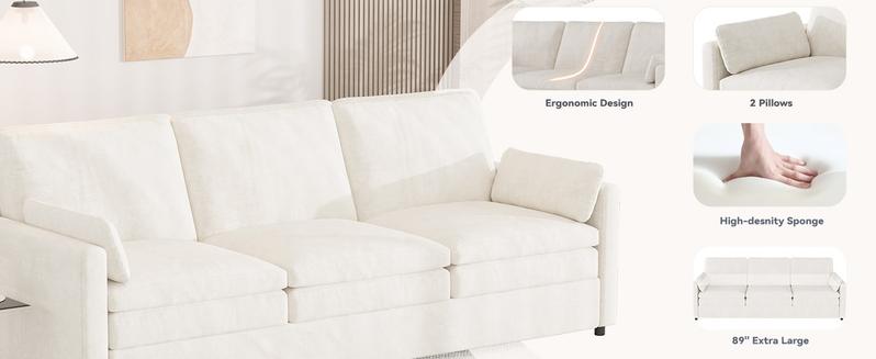 AECOJOY 89" Modern Chenille Sofa Couch,Comfy Cloud 3 Seats with 2 Removable Pillows, Deep Seat Indoor Furniture Large Size Ergonomic Design