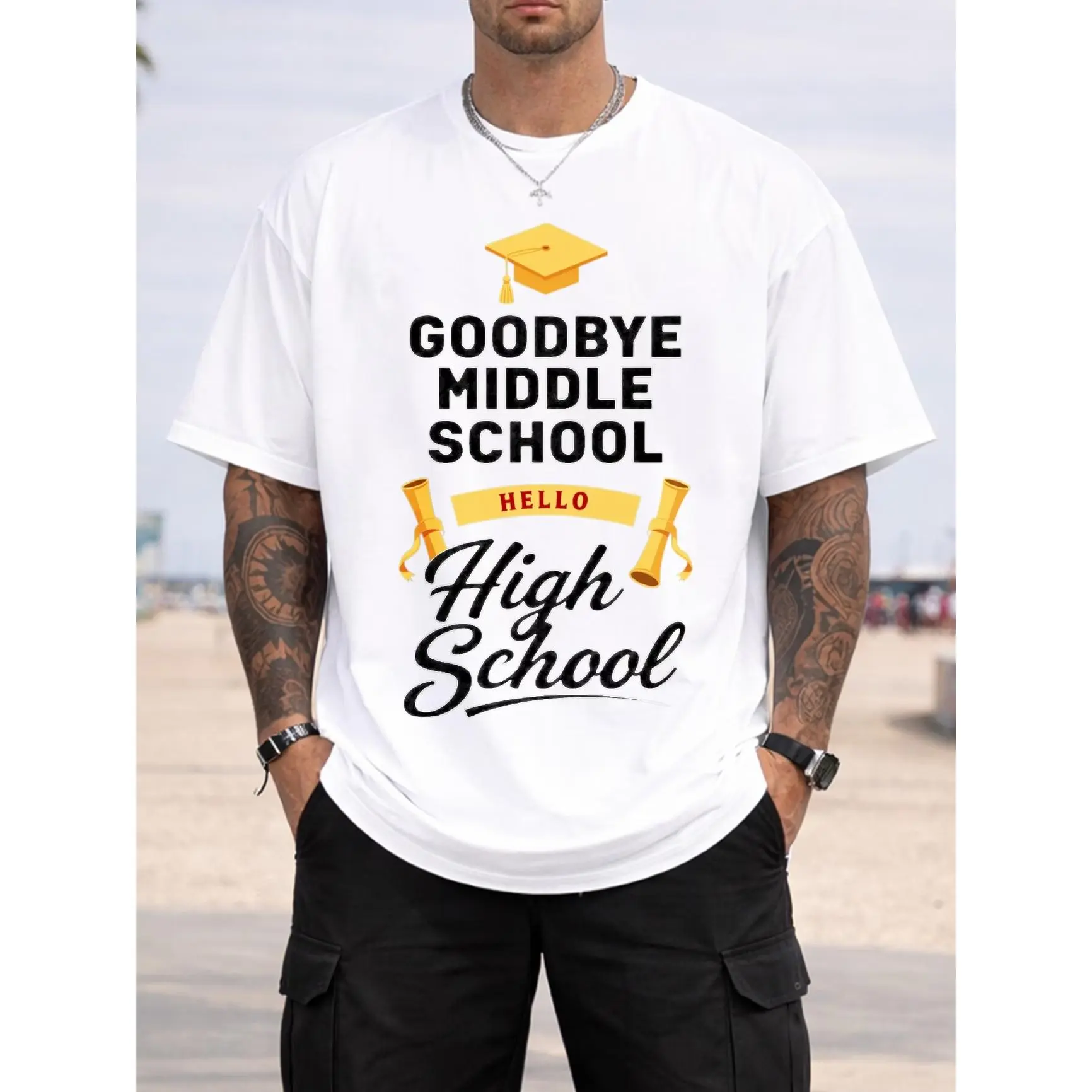 "Goodbye Middle School Hello High School" Graduation Graphic T-Shirt, Transition Outfit, Comfort Cotton Oversized Tee, Fashion Casual Top, Perfect Gift for Middle School Graduate, Graduation Party, Back to School
