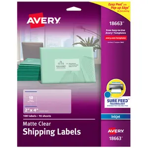 Avery Matte Clear Shipping Labels, Sure Feed Technology, Inkjet, 2" x 4", 100 Labels (18663)