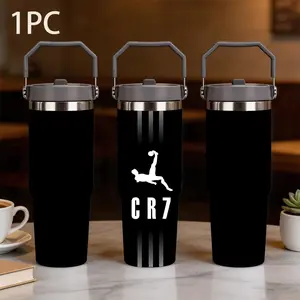 1pc 30oz large capacity portable thermos cup printed with the silhouette of Cristiano Ronaldo's barbeque shooting and the pattern of CR7, black matte gray pattern with football sports theme, daily office outdoor portable water cup