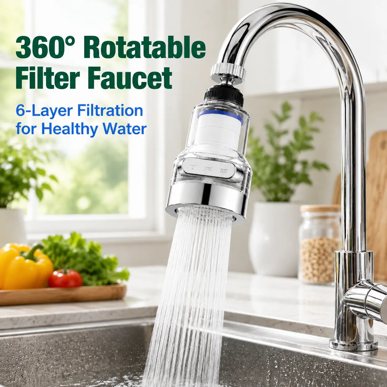 1 Count, 360° Rotating Faucet Aerator Filter 6-Layer Filtration 3 Water Modes Splash-Free for Kitchen Sink Fruit Vegetable Cleaning