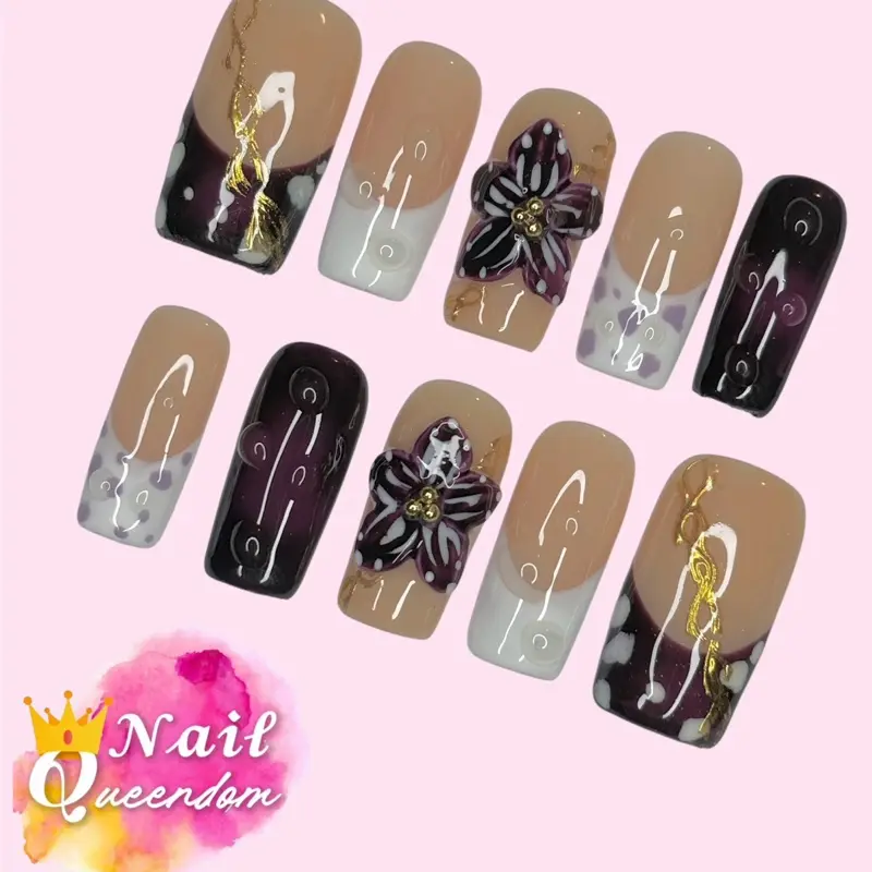Nail Queendom [PLUM ECLIPSE] Handcrafted 3D Press-On Nails Reusables Long Lasting Salon Quality Easy Application 10 Pieces Set Eco-Friendly 3D-gel Finish