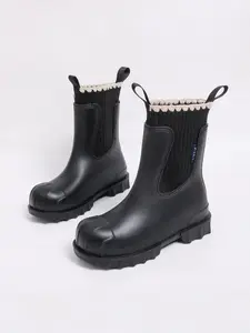 Women's Rain Boots, Knit Patchwork Thick Sole Anti-Slip Waterproof Mid-Calf Chelsea Boots, New Outdoor Water Shoes