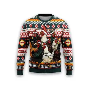 2024 New Ugly Christmas Sweater for Men – Funny Rooster Graphic Pullover, Unisex, Casual, Long Sleeve