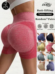 DORSU 7PCS Random Seamless Knitted Yoga Shorts, Elastic Waist & Tummy Control, Breathable Sports Tights For Fitness, Running, Hiking, Casual Outdoor Activities