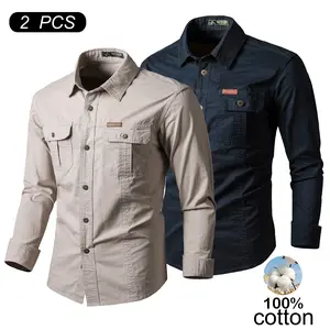 2 Pack Men's 100% Cotton Long Sleeve Cargo Shirts, Father's Day Gift High Density Wind Resistant Durable Work Shirts with Chest Pockets, Loose Fit Casual Outdoor Tops outing outfit