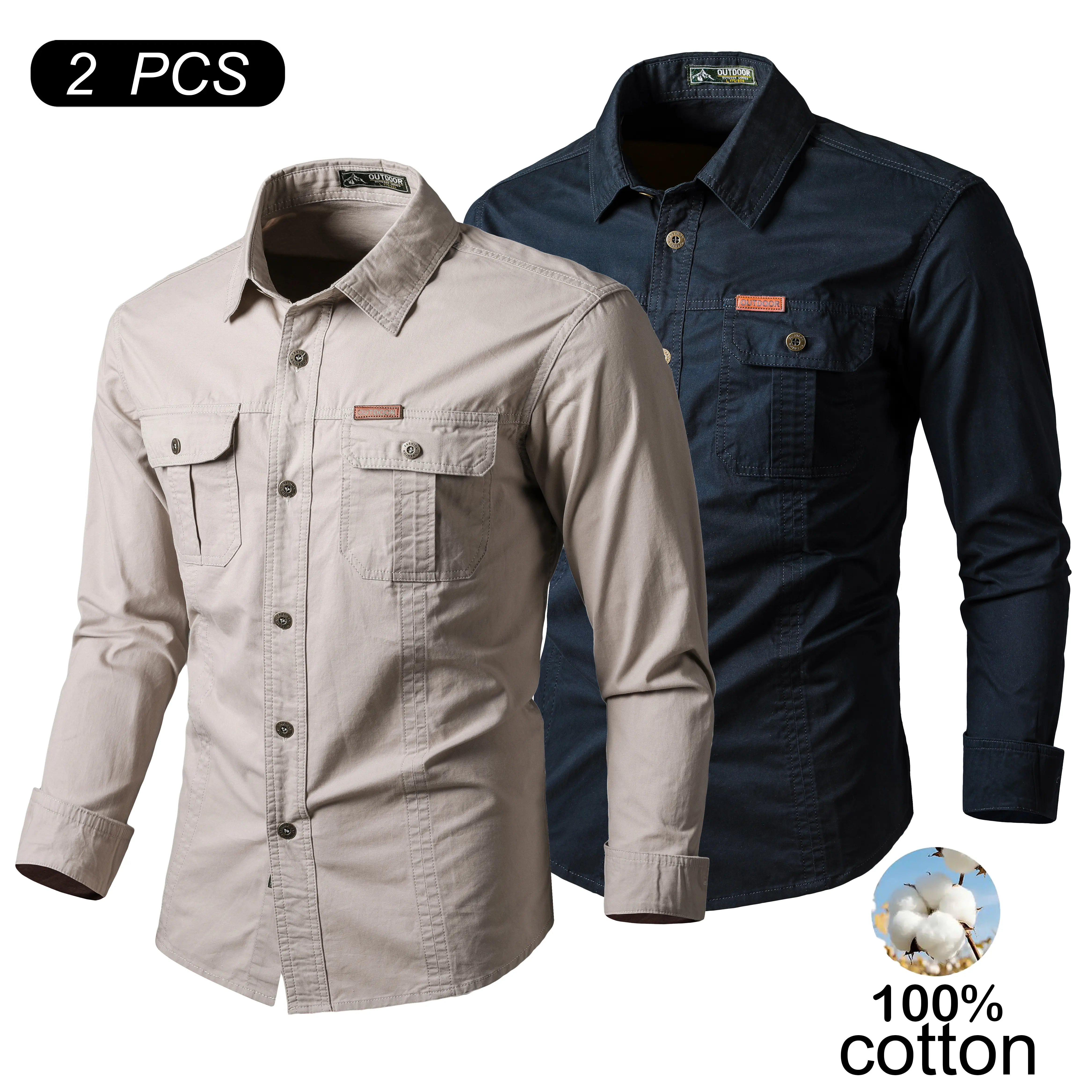 2 Pack Men's 100% Cotton Long Sleeve Cargo Shirts, Father's Day Gift High Density Wind Resistant Durable Work Shirts with Chest Pockets, Loose Fit Casual Outdoor Tops outing outfit lightweight breathable solid color style men