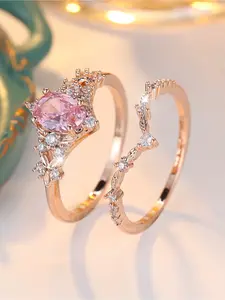 2 Pcs Elegant Oval Pink Cubic Zirconia Rings Set for Women, Rose Golden Plated - Perfect for Weddings, Festive Occasions, Parties and Everyday Wear - Sparkling, Durable Accessory