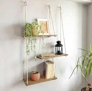 Hanging-Floating Shelves For Wall for Plants, Bedroom, Office Decor | Macrame Shelf for all Decor Kitchen Wooden