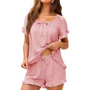 Womens Pajamas Set 2 Piece Ruffle Pj Soft Short Sleeve Tops and Shorts Sleepwear Set Cute Pajama Sets for WomencUD1