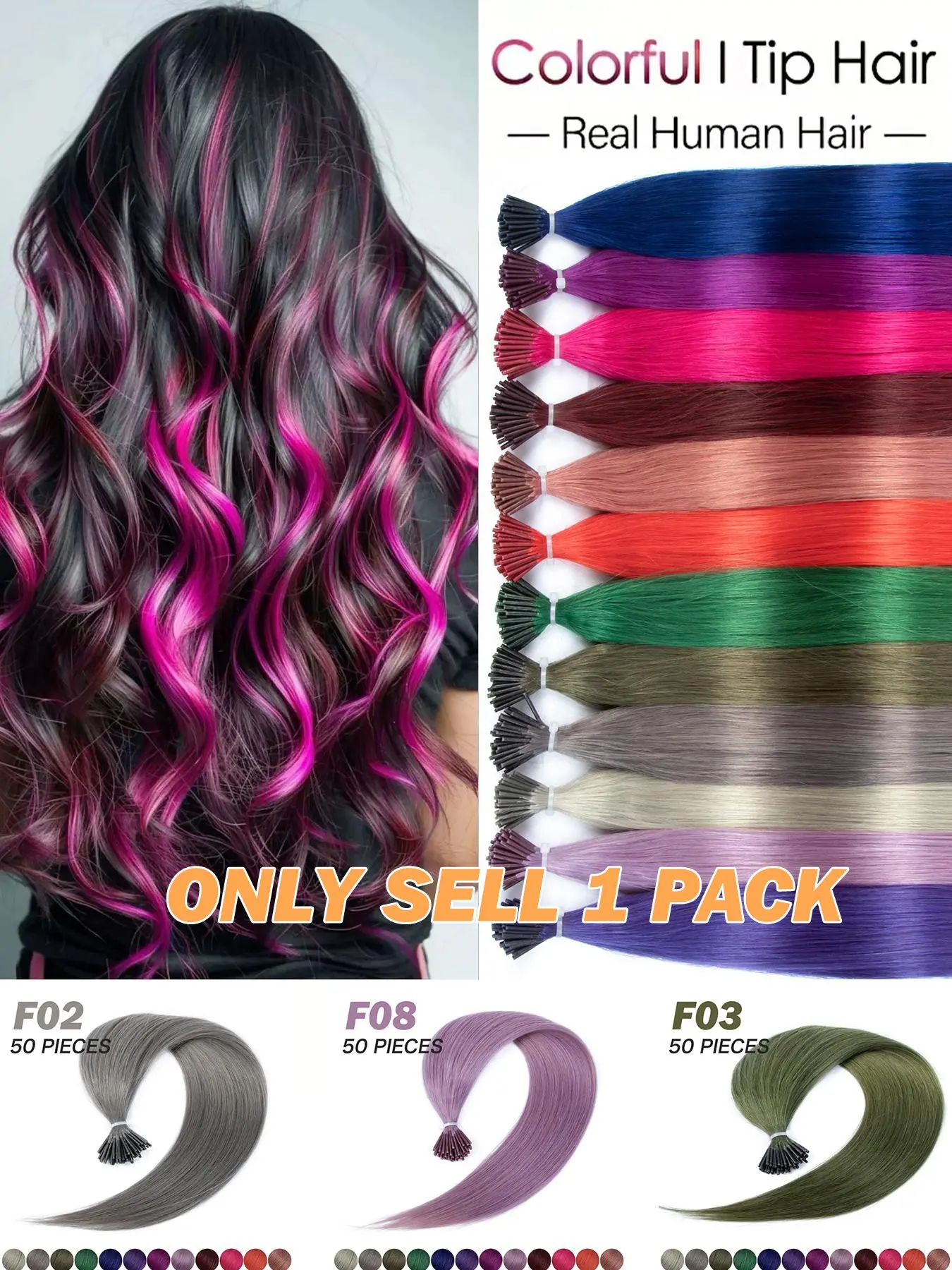 Colorful I Tip Keratin Fusion Natural Human Hair Extensions, Natural Look, Easy Wear, 12-20 Inch, Multicolor, Perfect for Parties and Weddings