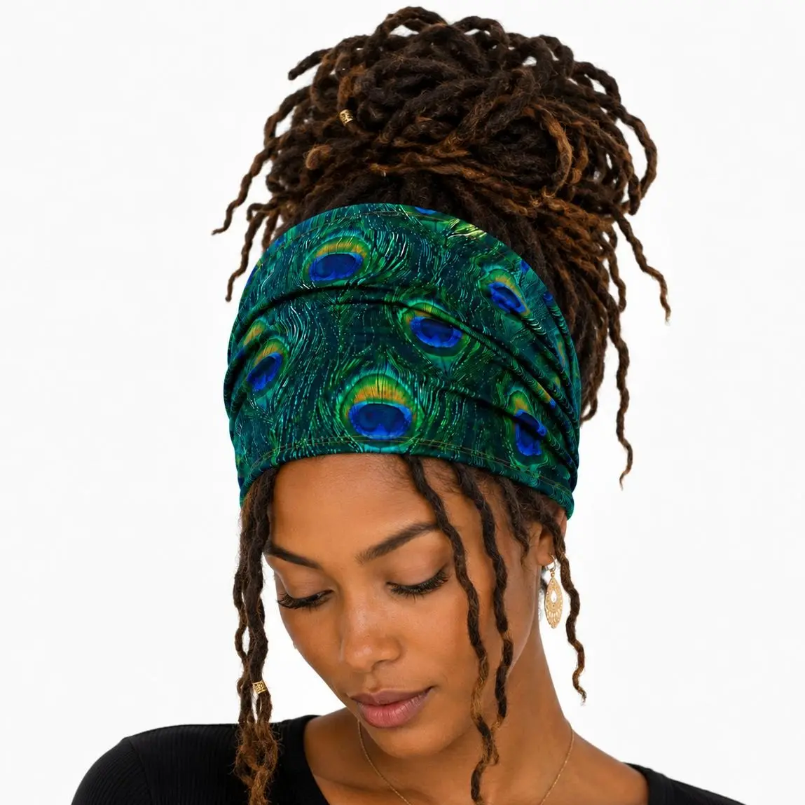 Handmade & Premium Extra Long Peacock Spandex Fabric Dreadlock Headband, Long Hair Tube for Braids and Dreadlocks, Dread Sock Hair Wrap, Boho Stretch Spandex Fabric Head Wrap, Loc Covering Headband for Dreads, Curly Hair & Hair Buns